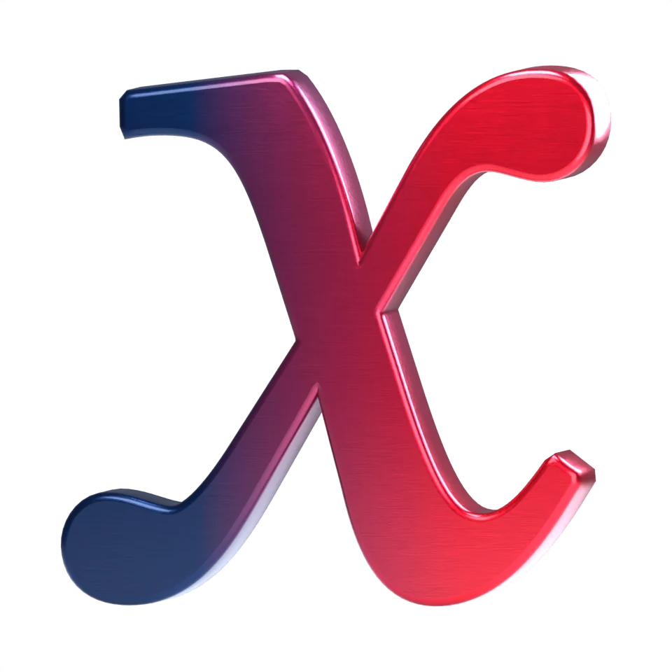 A sculpted mathematical variable x with a soft navy-to-crimson fade